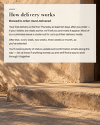 How delivery works — brewed to order, hand-delivered on Thursdays across select Phoenix Metro ZIP codes