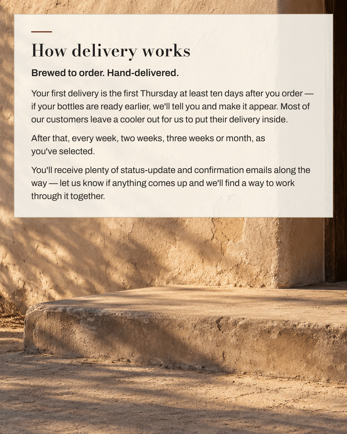 How delivery works — brewed to order, hand-delivered on Thursdays across select Phoenix Metro ZIP codes