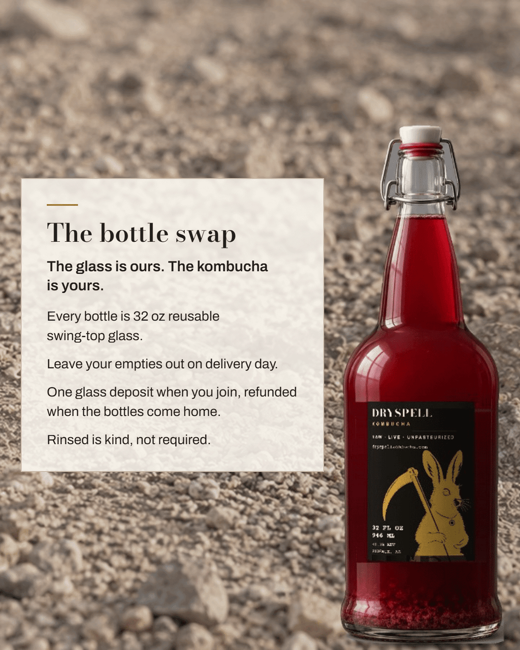 The bottle swap — 32 oz swing-top glass, leave your empties out on delivery day, deposit refunded when the bottles come home