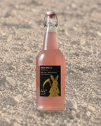 Dryspell 32 oz swing-top bottle, pale pink kombucha, on desert